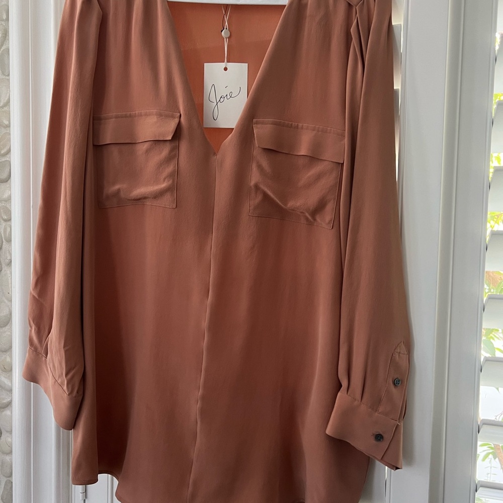 Silk Joie Marlo blouse in soft rose/tan color
